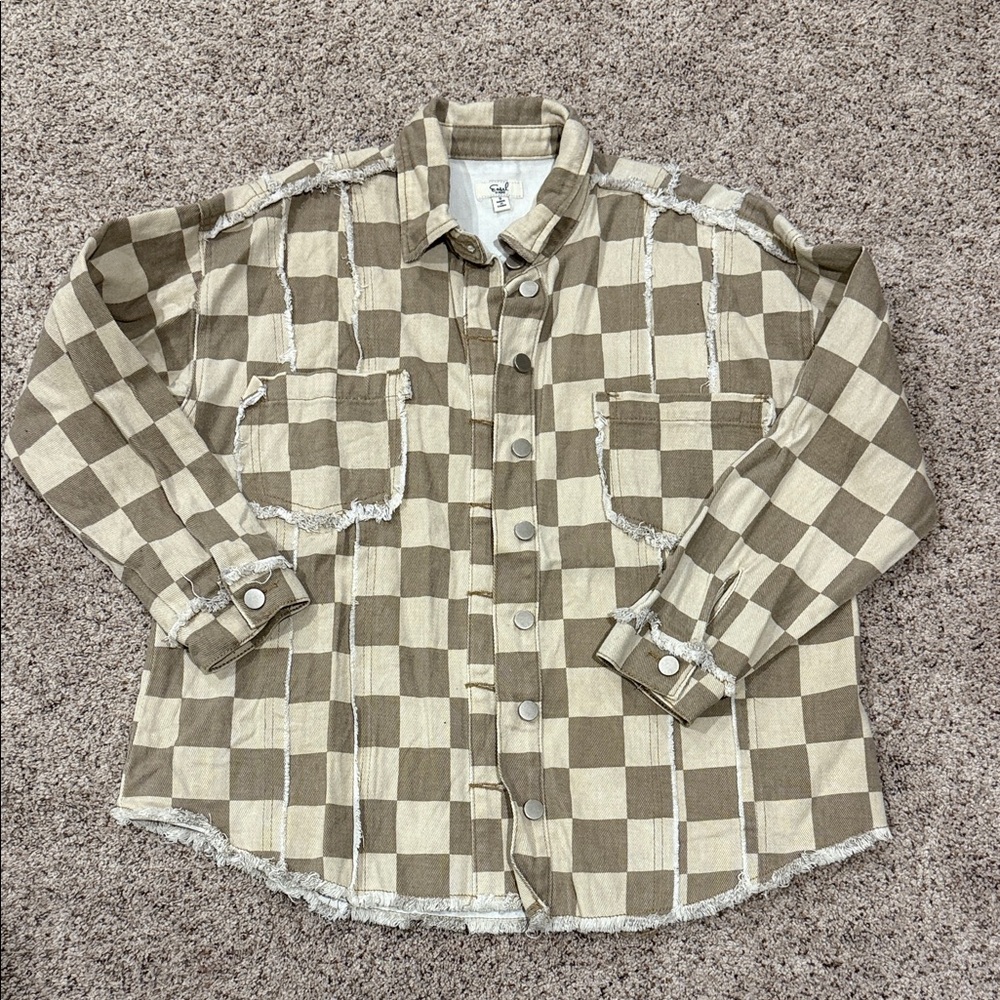 easel Beige and Cream Checkered Button-Down Shirt